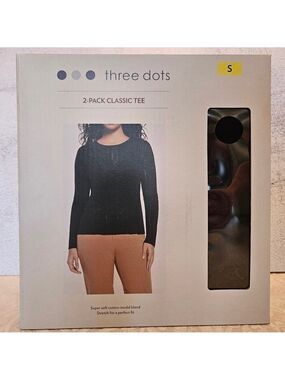 Three Dots 2-Pack Classic Tee, Long Sleeves, Black (Not Grey), Small, NWT